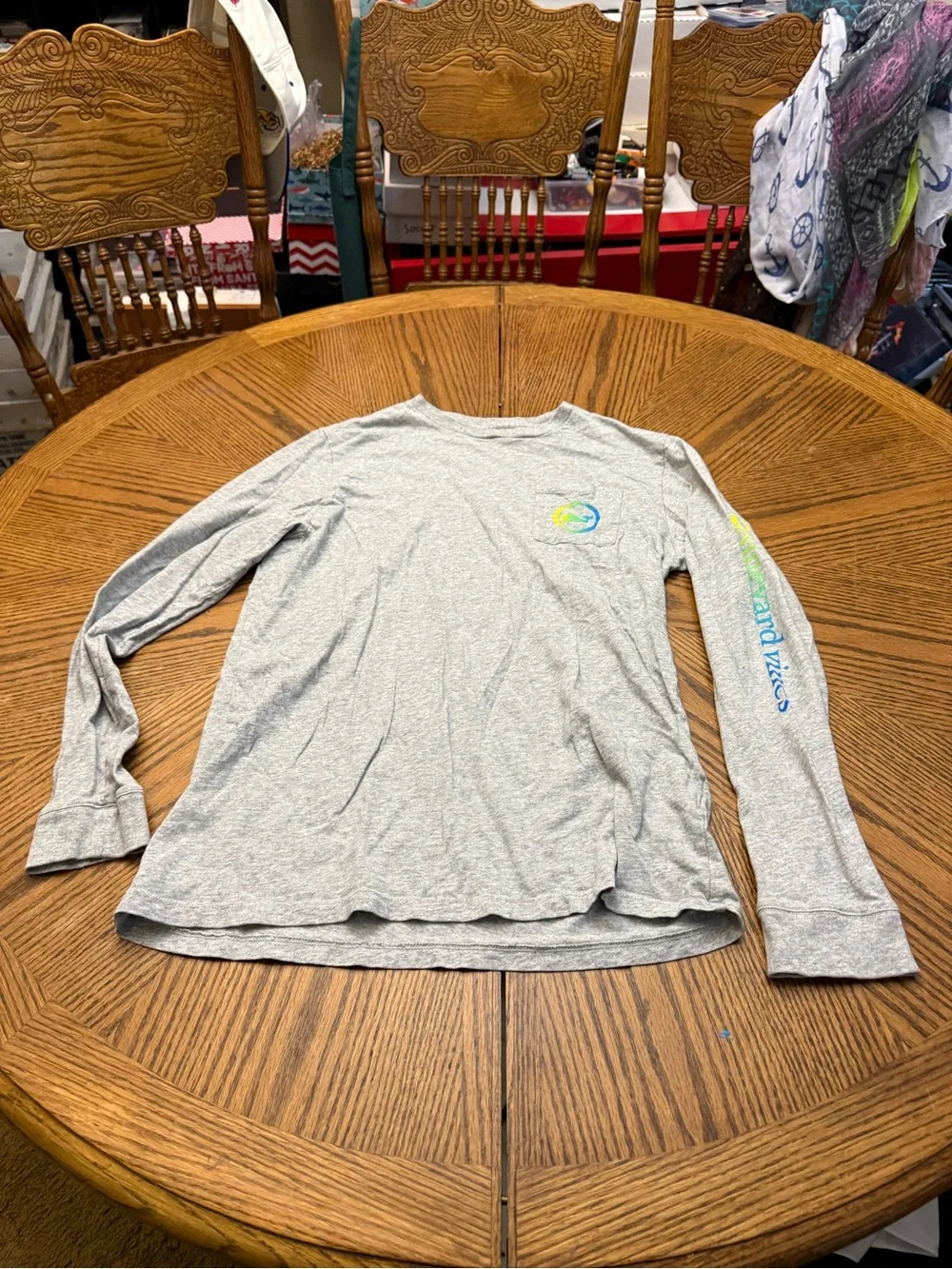 Vineyard Vines Kids' Long-Sleeve Tee in Light Gray with Teal & Yellow Accents